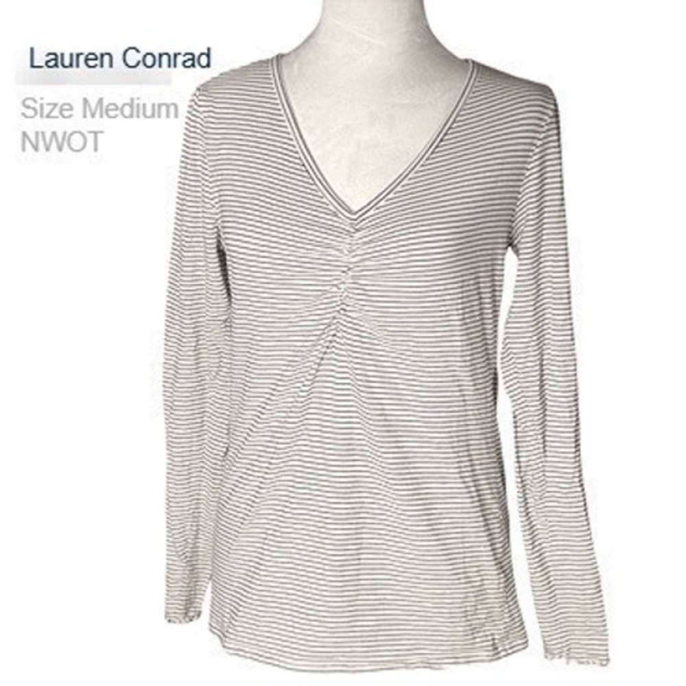 Lauren Conrad Womens Medium Striped V-Neck Long Sleeve Ruched Front Top Gray